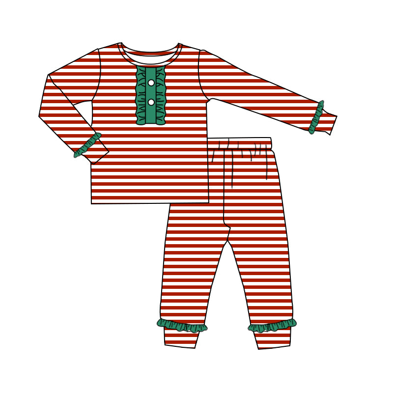 (Custom Design Preorder MOQ 5) Red Stripes Print Green Ruffle Girls Christmas Pajamas Clothes Set