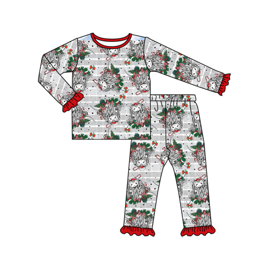 (Custom Design Preorder MOQ 5) Highland Cow Print Girls Christmas Bamboo Pajamas Clothes Set