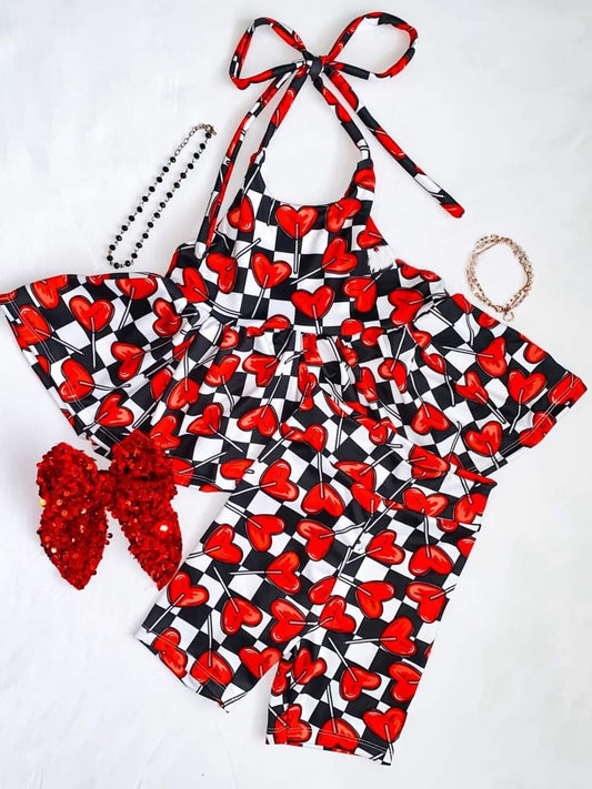 (Custom Design Preorder MOQ 5) Heart Lollipop Print Shorts Girls Halter Valentine's Clothes Set