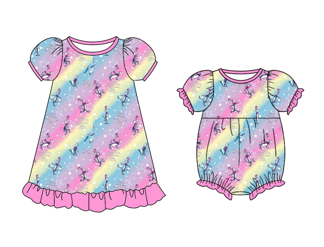 11.11(Custom Design Preorder MOQ 5 Each Design) Dr.Reading Rainbow Print Girls Summer Matching Clothes Set Sisters Wear