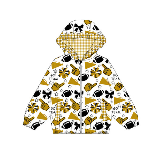 (Custom Design Preorder MOQ 5) Gold Black Go Team Cheer Bows Print Pockets Girls Long Sleeve Zipper Jackets Top