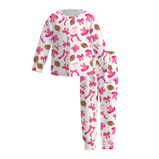 (Custom Design Preorder MOQ 5)  Hotpink Bows Football Print Girls Fall Pajamas Clothes Set