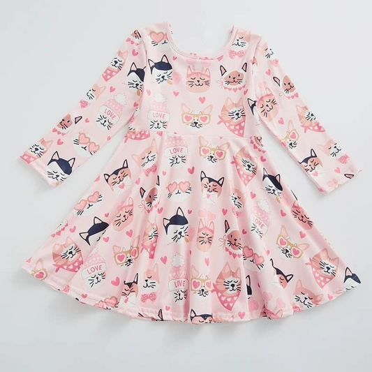(Custom Design Preorder MOQ 5) Pink Cat Print Girls Knee Length Dress