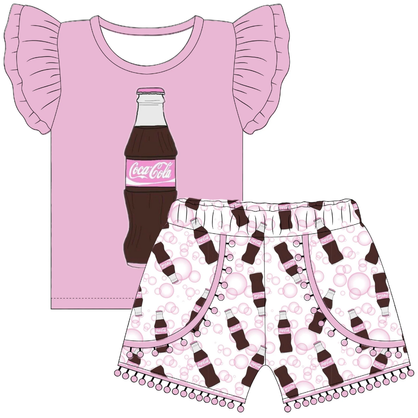 (Custom Design Preorder MOQ 5)  Pink Drinks Print Girls Summer Clothes Set