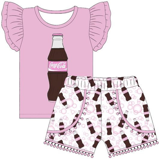 (Custom Design Preorder MOQ 5)  Pink Drinks Print Girls Summer Clothes Set