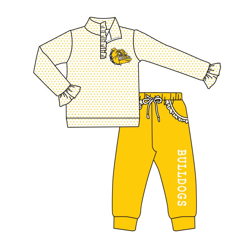 (Custom Design Preorder MOQ 5) Team's BULLDOGS Top Yellow Pockets Pants Girls Fall Clothes Set