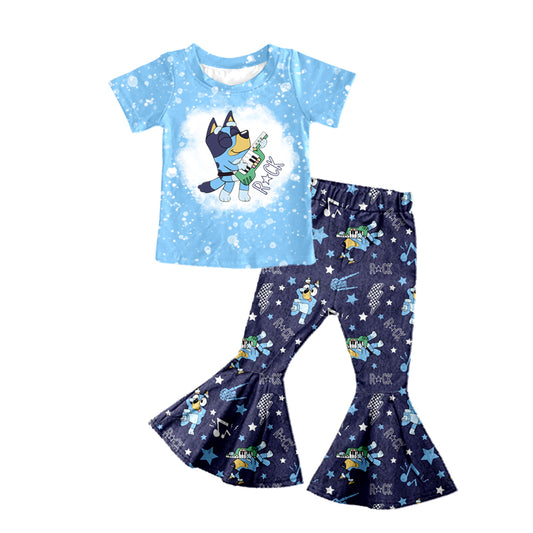 (Custom Design Preorder MOQ 5)  Cartoon Dog Blue Rock Print Bell Pants Girls Clothes Set