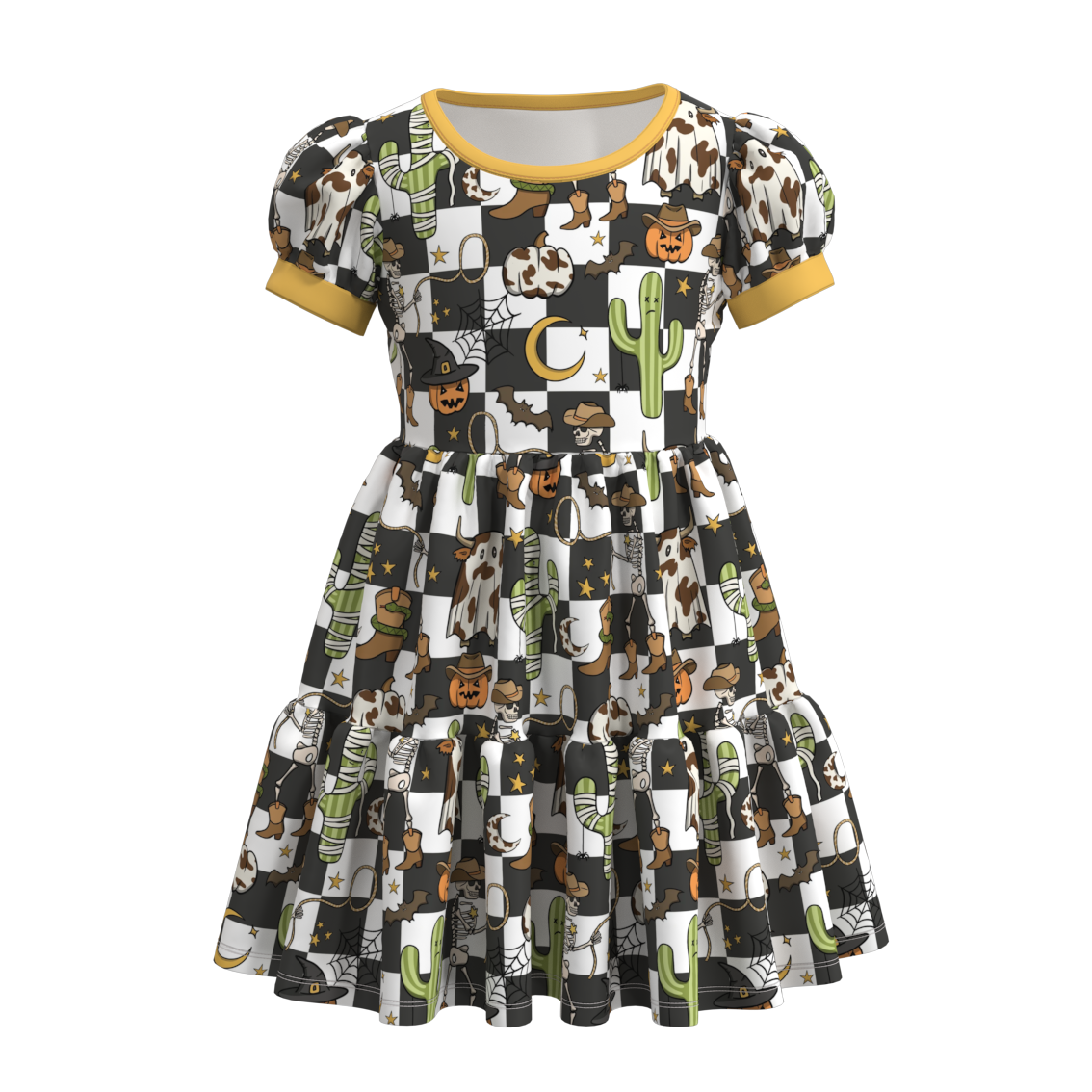 (Custom Design Preorder MOQ 5) Pumpkin Cowboy Print Girls Knee Length Halloween Dress