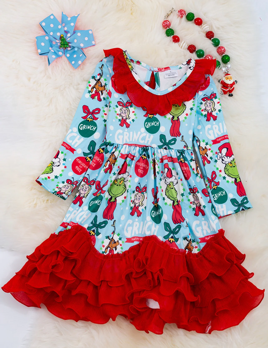 (Custom Design MOQ 5) Blue Christmas Frog Print Red Ruffles Ankle Length Dress