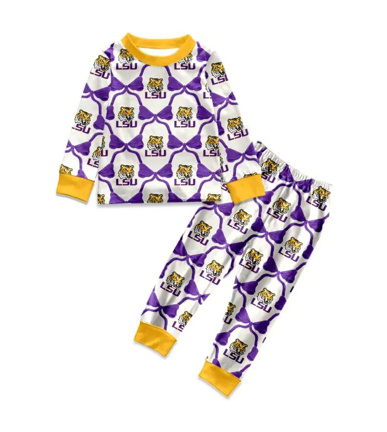 (Custom Design Preorder MOQ 5) Team's LSU Tigers Print Boys Fall Bamboo Pajamas Clothes Set