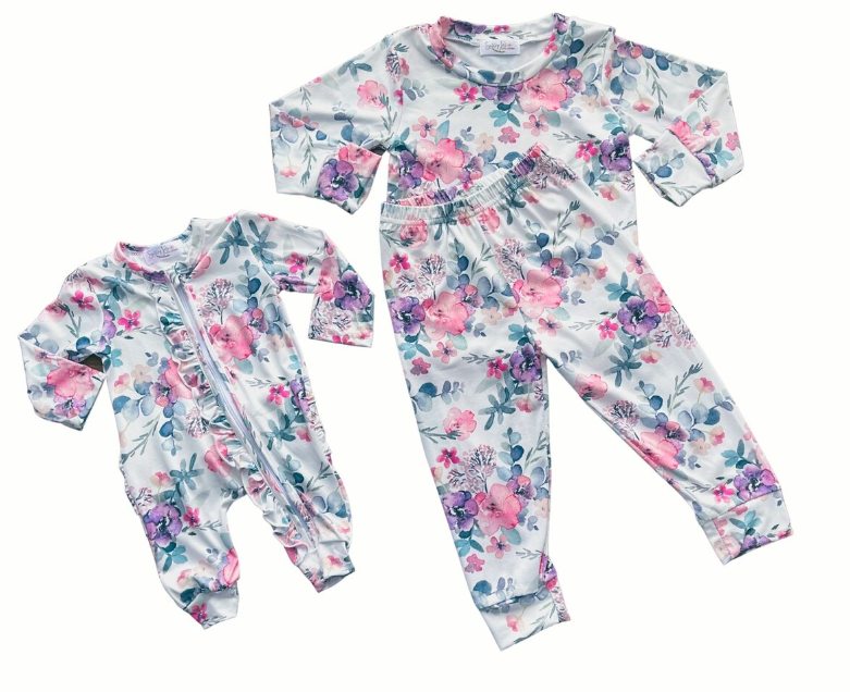 (Custom Design Preorder MOQ 5) Flowers Print Baby Girls Zipper Romper