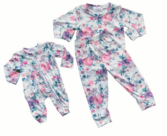 (Custom Design Preorder MOQ 5) Flowers Print Girls Pajamas Clothes Set