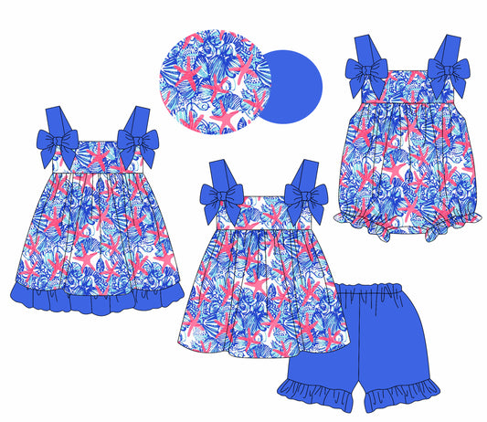 1.24(Custom Design Preorder MOQ 5 Each Design) Shell Blue Print Girls Summer Matching Clothes Sisters Wear