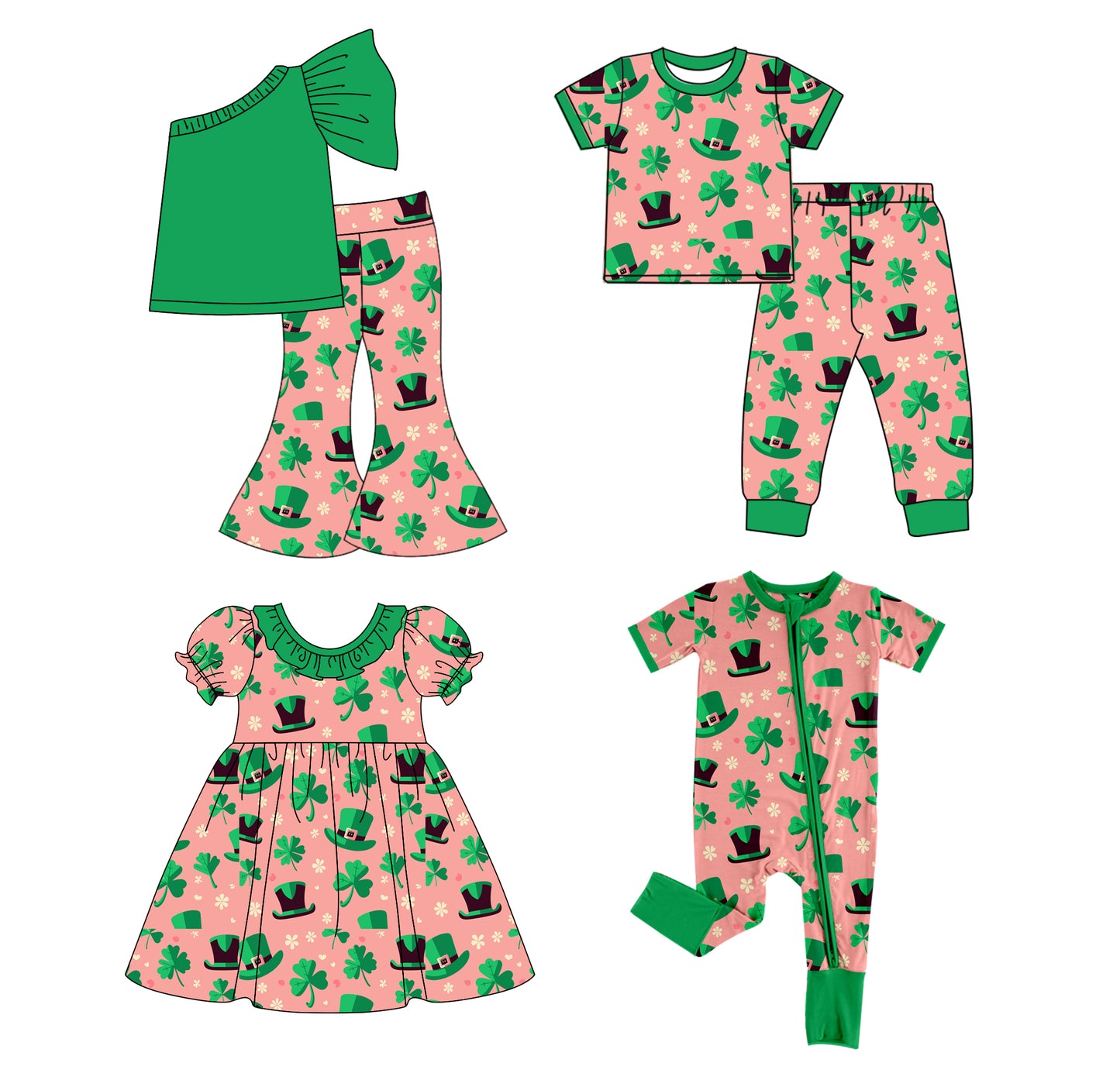 12.10(Custom Design Preorder MOQ 5 Each Design) Leaf Hat Green Print Girls St. Patrick's Day Matching Clothes Sisters Wear