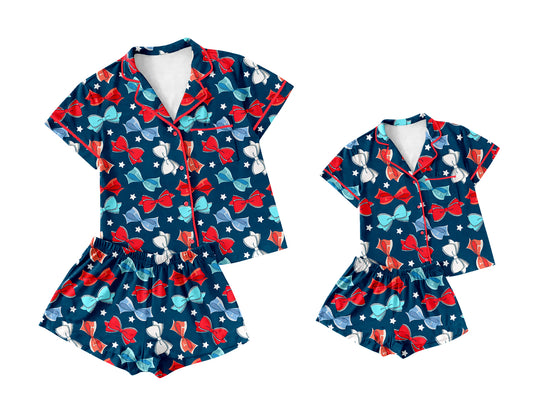 2.24(Custom Design Preorder MOQ 5 Each Design) Red Blue Bows Stars Print Buttons Pajamas Sets Mom and Me Summer Matching Clothes