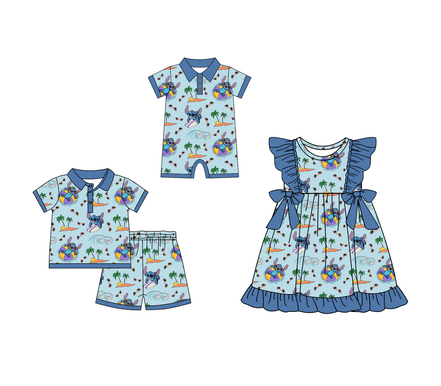 2.7(Custom Design Preorder MOQ 5 Each Design) Cartoon Stitc* Blue Print Kids Summer Matching Clothes Sibling Wear