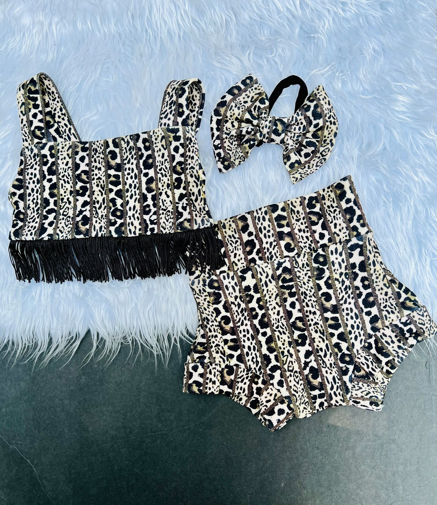 (Custom Design MOQ 5)  Leopard Print Tassel Baby Girls Summer Bummie Sets