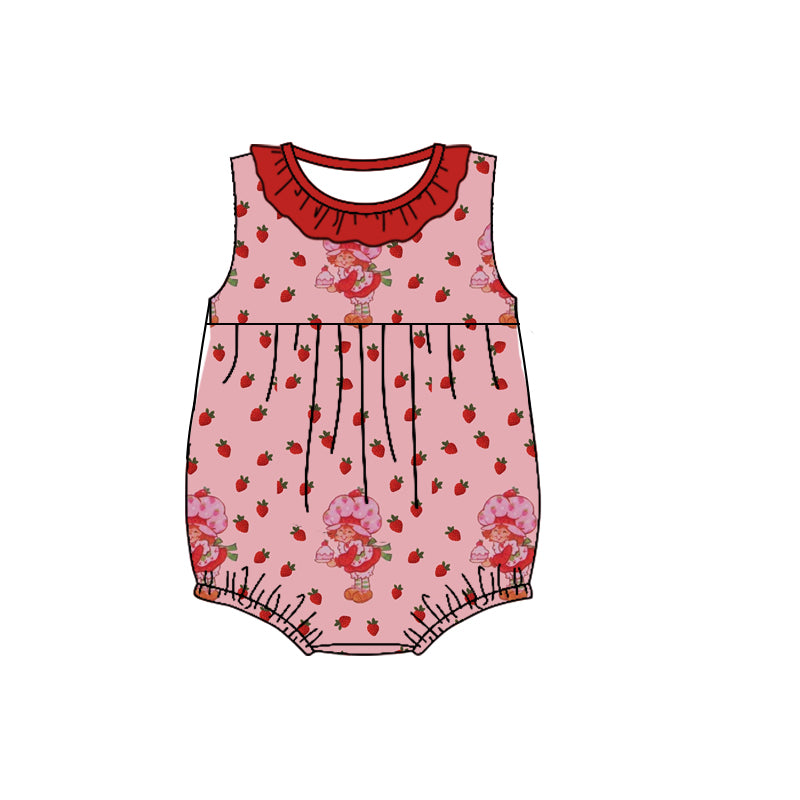 (Custom Design Preorder MOQ 5) Strawberry Print Baby Girls Summer Sleeveless Romper