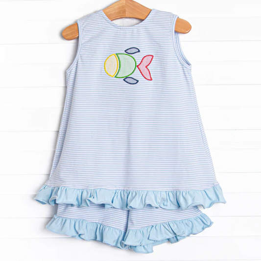 (Custom Design Preorder MOQ 5) Fish Stripes Top Ruffle Shorts Girls Summer Clothes Set