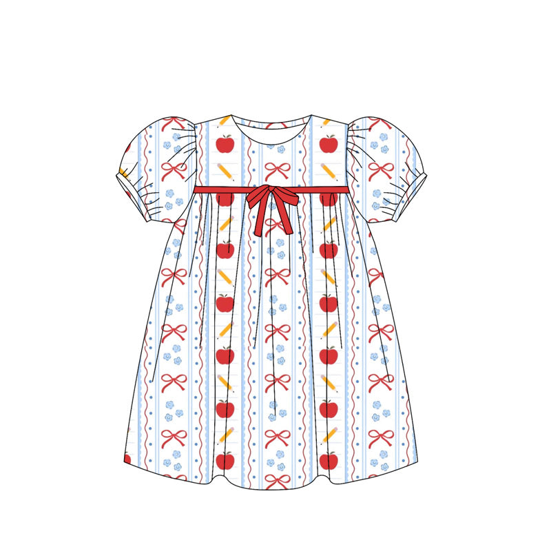 (Custom Design Preorder MOQ 5 Each Item) Apple Pen Bows Print Girls Back to School Knee Length Dress Sisters Wear