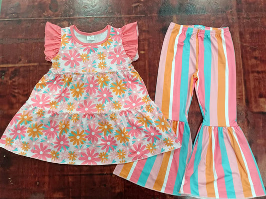 (Custom Design Preorder MOQ 5)  Flowers Tunic Top Stripes Bell Pants Girls Clothes Set