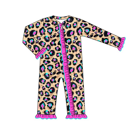 (Custom Design Preorder MOQ 5)  Hot Pink Leopard Print Baby Girls Sleeper Zipper Romper