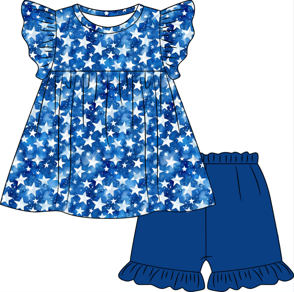(Custom Design Preorder MOQ 5) Stars Top Blue Shorts Girls 4th of July Clothes Set