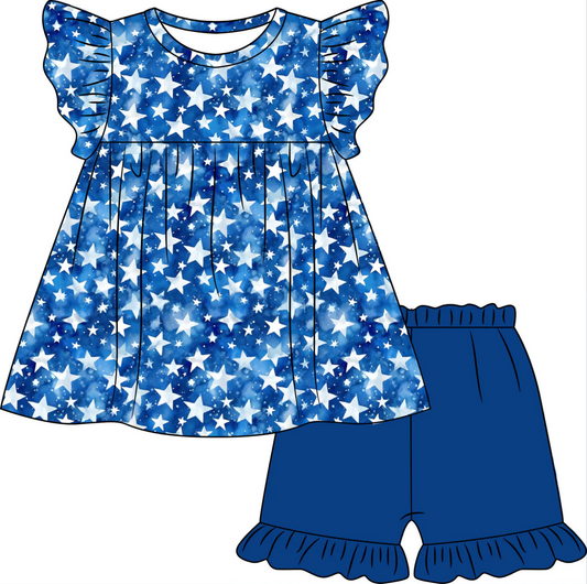 (Custom Design Preorder MOQ 5) Stars Top Blue Shorts Girls 4th of July Clothes Set