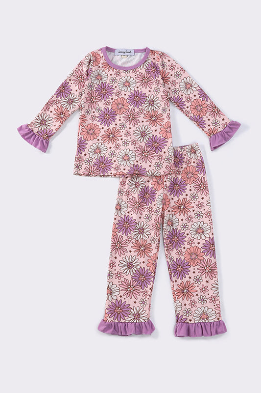 (Custom Design Preorder MOQ 5) Purple Flowers Print Girls Pajamas Clothes Set