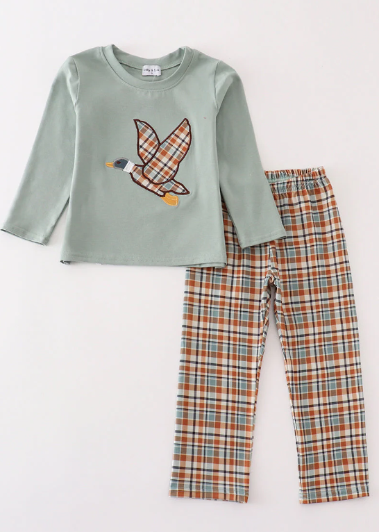 (Custom Design Preorder MOQ 5) Duck Top Plaid Pants Boys Fall Clothes Set