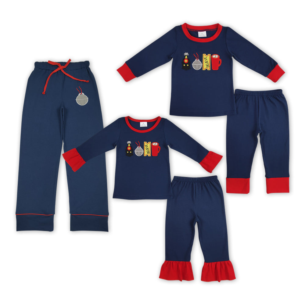 Polar Express Embroidery Navy Color Family Christmas Pajamas Matching Clothes