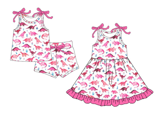 5.24(Custom Design Preorder MOQ 5 Each Design) Pink Dino Print Girls Summer Matching Clothes Sisters Wear