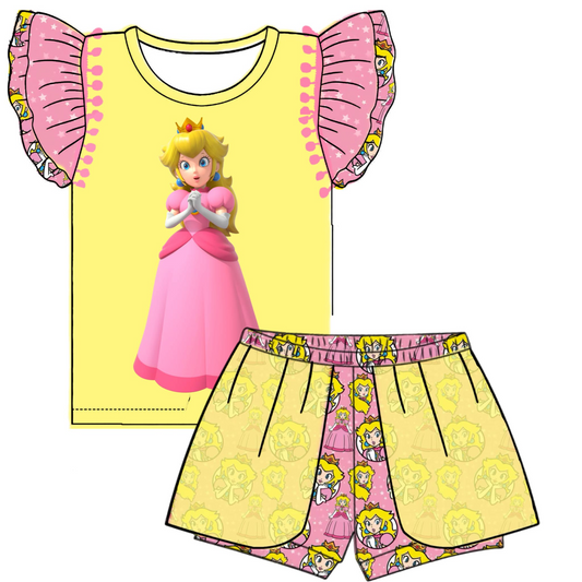 (Custom Design Preorder MOQ 5) Cartoon Princess Print Girls Summer Clothes Set