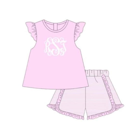 (Custom Design Preorder MOQ 5)  Pink Tunic Top Stripes Shorts Girls Summer Clothes Set