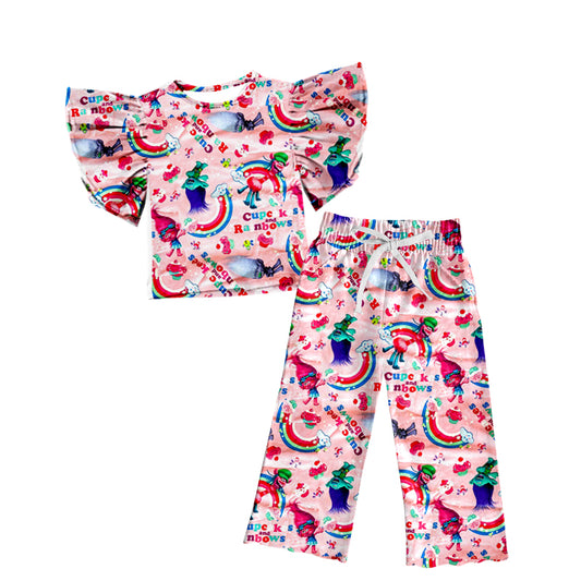 (Custom Design Preorder MOQ 5) Cartoon Hair Monster Rainbow Print Girls Clothes Set