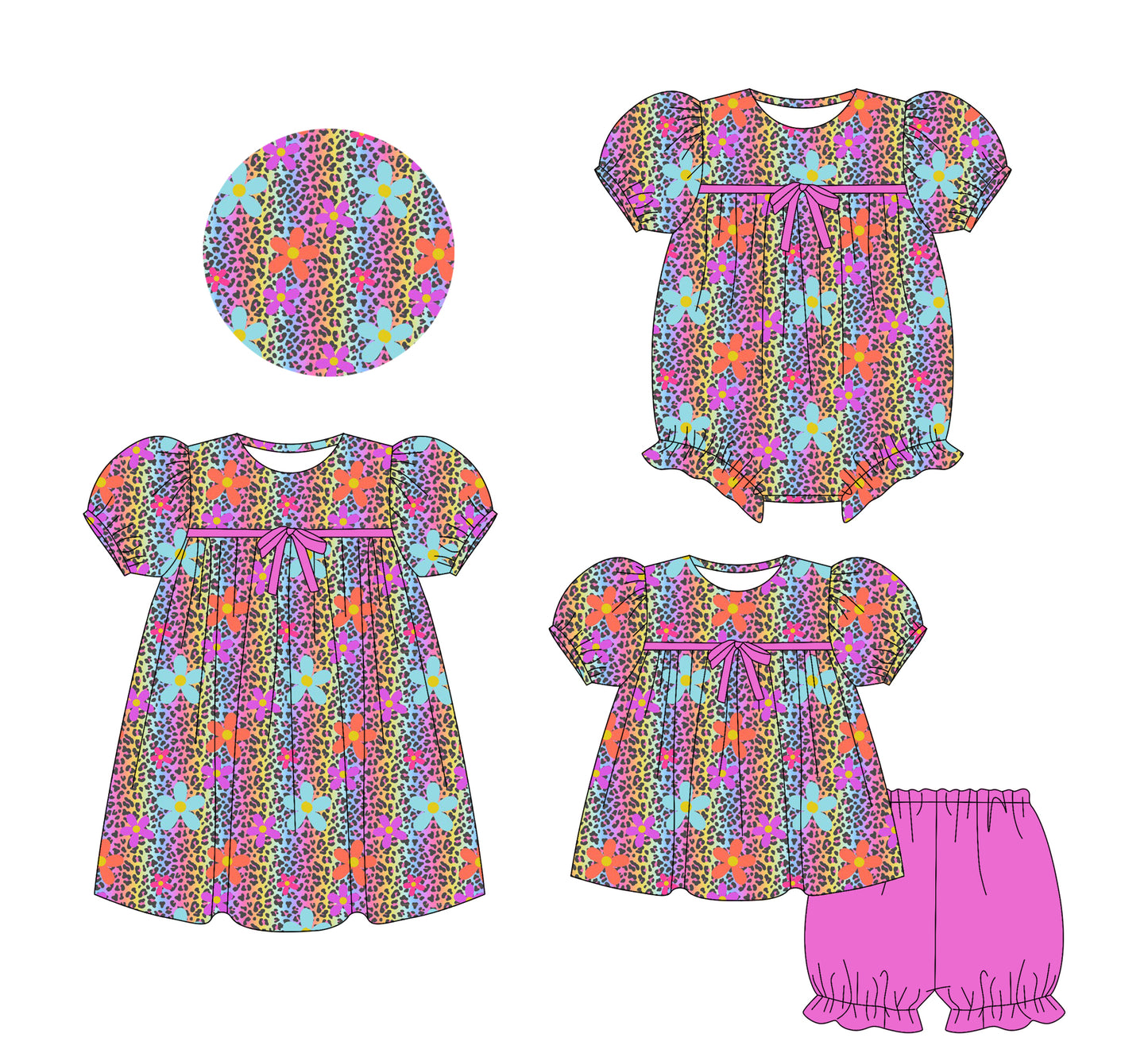 5.24(Custom Design Preorder MOQ 5 Each Design) Colorful Leopard Flowers Print Girls Summer Matching Clothes Sisters Wear