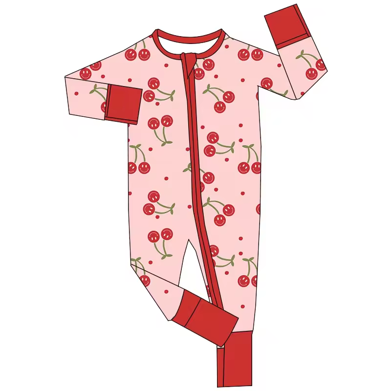 (Custom Design Preorder MOQ 5)  Cherry Print Baby Girls Fall Zipper Sleeper Romper