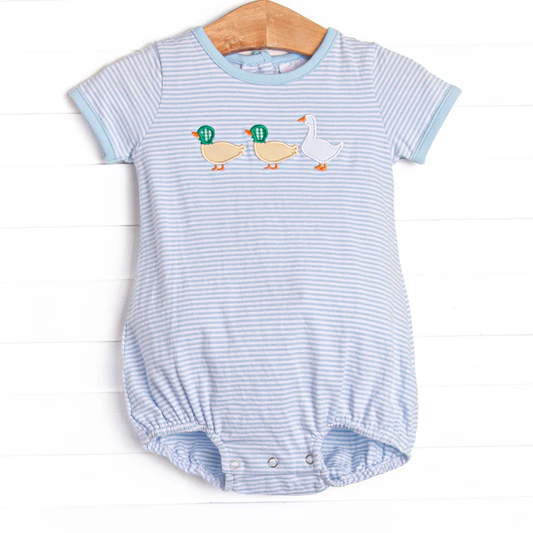 (Custom Design Preorder MOQ 5) Duck Stripes Blue Print Baby Boys Summer Romper