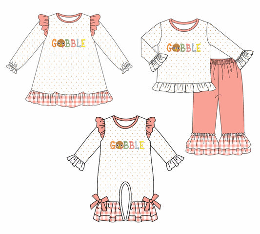 7.10(Custom Design Preorder MOQ 5 Each Design) GOBBLE Turkey Print Girls Thanksgiving Matching Clothes Sisters Wear