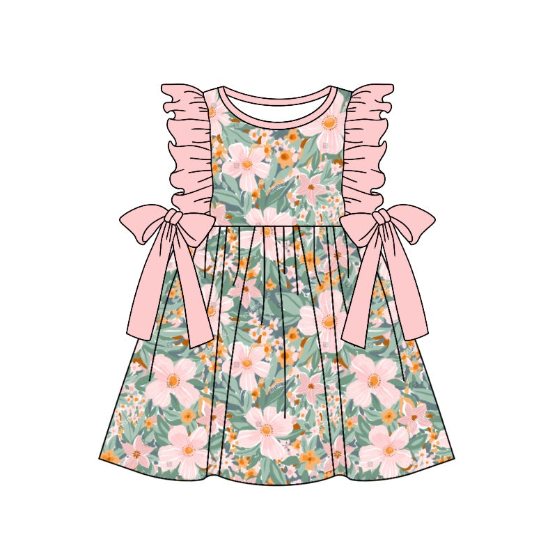 (Custom Design Preorder MOQ 5) Pink Flowers Print Girls Knee Length Summer Dress