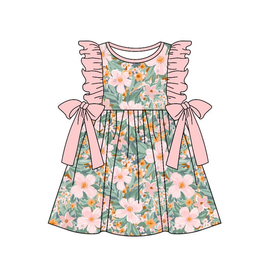 (Custom Design Preorder MOQ 5) Pink Flowers Print Girls Knee Length Summer Dress