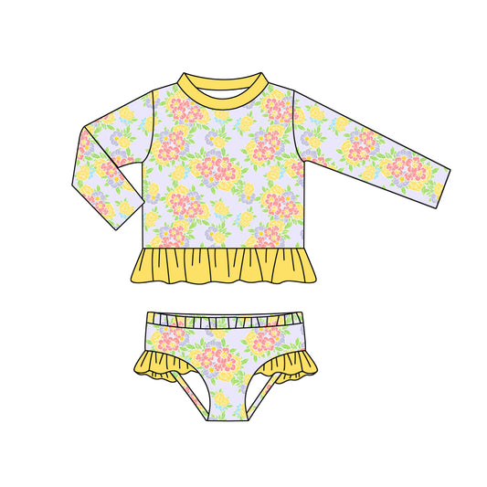 (Custom Design Preorder MOQ 5) Yellow Flowers Print Girls 2 Pieces Long Sleeve Swimsuits