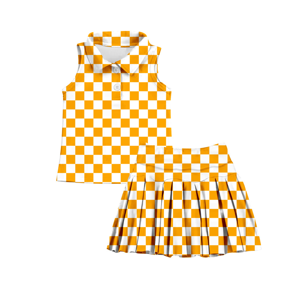 (Custom Design Preorder MOQ 5) Orange Plaid Print Shorts Skirts Girls Summer Athletic Clothes Set