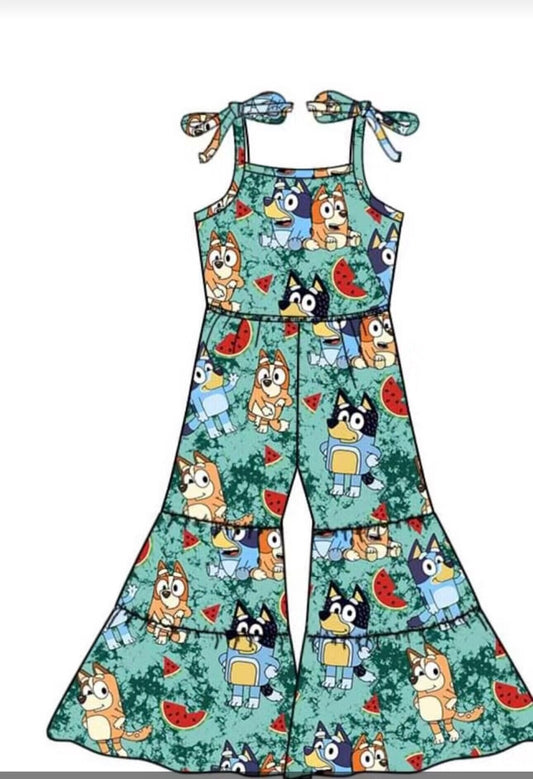 (Custom Design Preorder MOQ 5) Watermelon Cartoon Dog Print Girls Summer Strap Jumpsuits