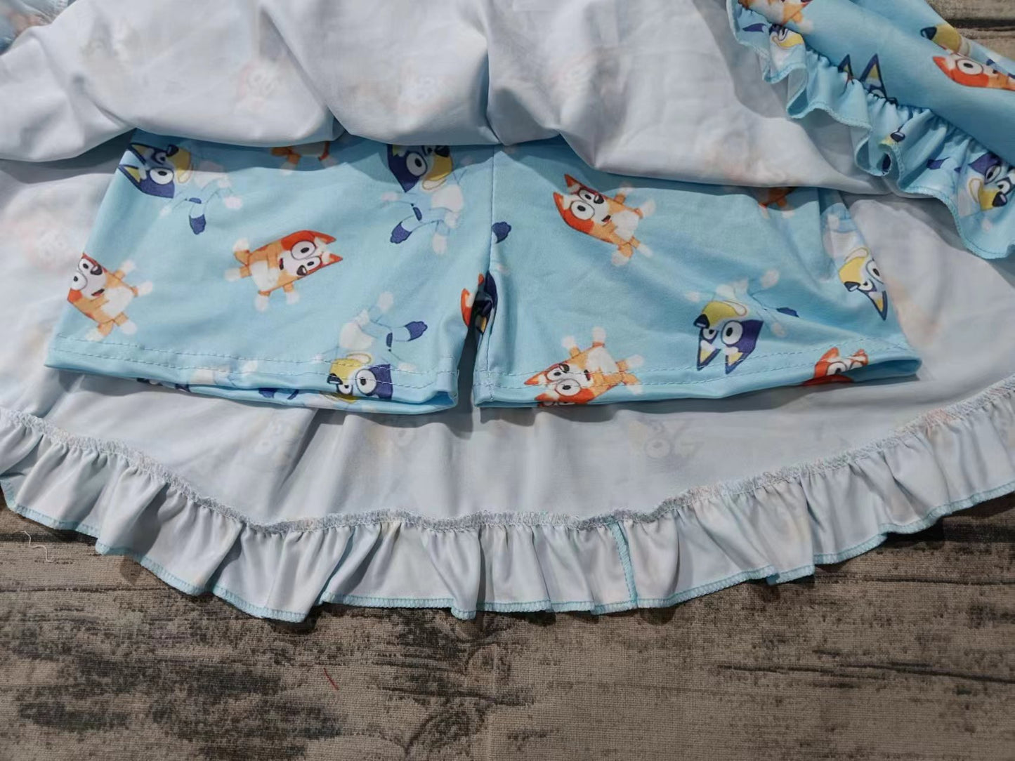 (Custom Design Preorder MOQ 5)  Blue Cartoon Dog Print Skirts With Shorts Girls Summer Clothes Set