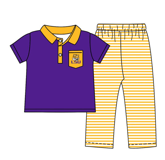 (Custom Design Preorder MOQ 5) Team's LSU Purple Polo Top Stripes Pants Boys Clothes Set