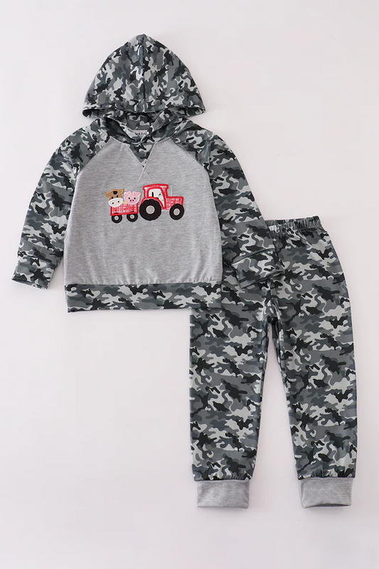 (Custom Design Preorder MOQ 5) Tractors Animals Hoodie Top Camo Pants Boys Fall Clothes Set