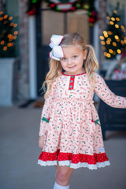 (Custom Design Preorder MOQ 5)  Candy Cane Holly Print Girls Knee Length Christmas Dress