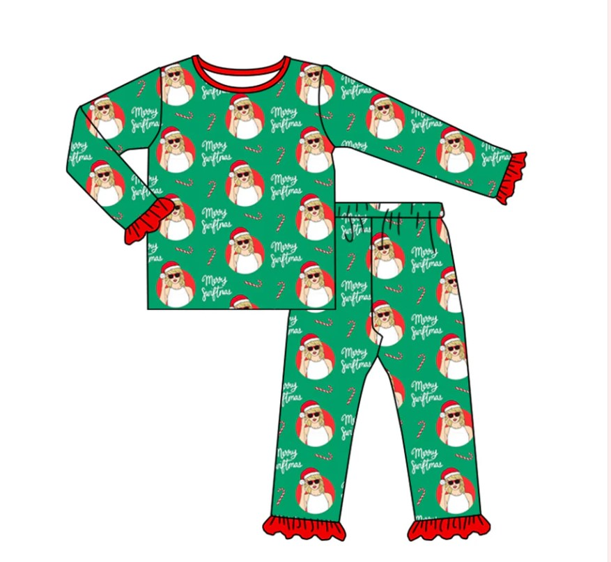 (Split Order Preorder) Deadline October 28  Singer Swiftie Candy Cane Print Girls Christmas Pajamas Clothes Set