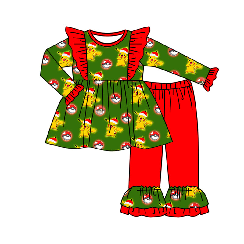 (Custom Design Preorder MOQ 5) Cartoon Animals Green Tunic Top Red Pants Girls Fall Clothes Set